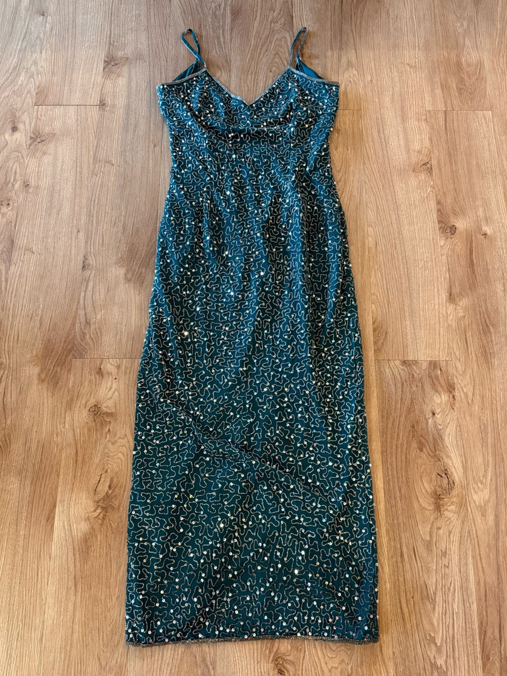 Vintage 80’s 100% Silk Brilliante by J.A Teal Sequin Beaded Prom Occassion Dress